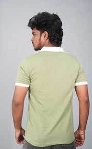 Korean Half Sleeve Collar Neck ZIpper Tshirt for Men-White with Green